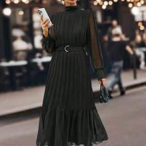 Black Elegant Women's Mock Neck Long Sleeves Pleated Belted Chiffon Dress